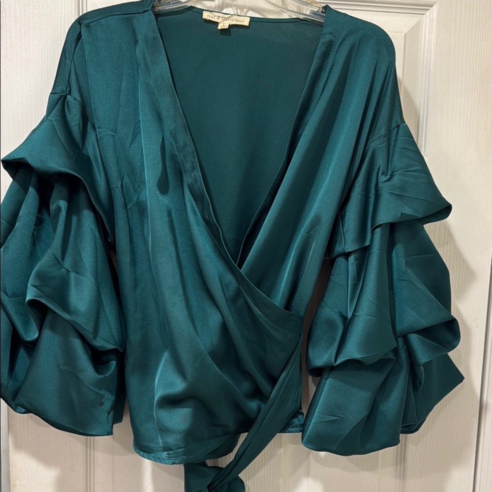 Stylish dark green Ruffle Sleeve Wrap Blouse